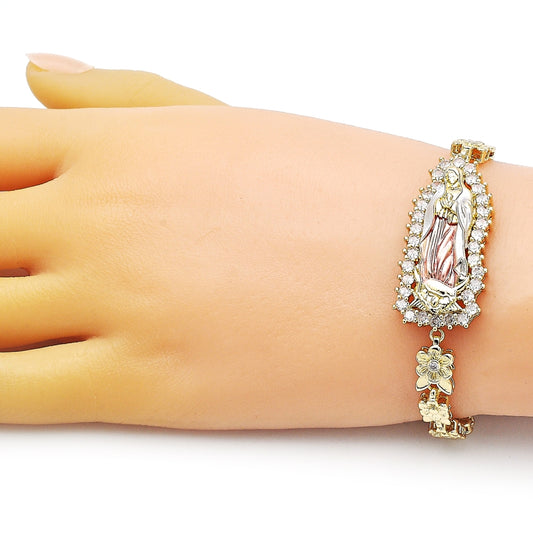 Oro Laminado Solid Bracelet, Gold Filled Style Guadalupe and Flower Design, with White Cubic Zirconia, Polished, Tricolor