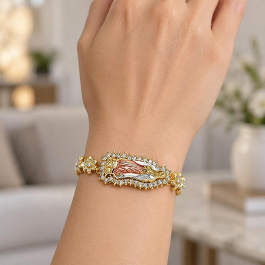 Oro Laminado Solid Bracelet, Gold Filled Style Guadalupe and Flower Design, with White Cubic Zirconia, Polished, Tricolor