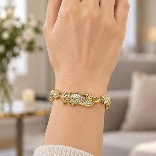 Oro Laminado Solid Bracelet, Gold Filled Style Guadalupe and Flower Design, with White Cubic Zirconia, Polished, Golden Finish