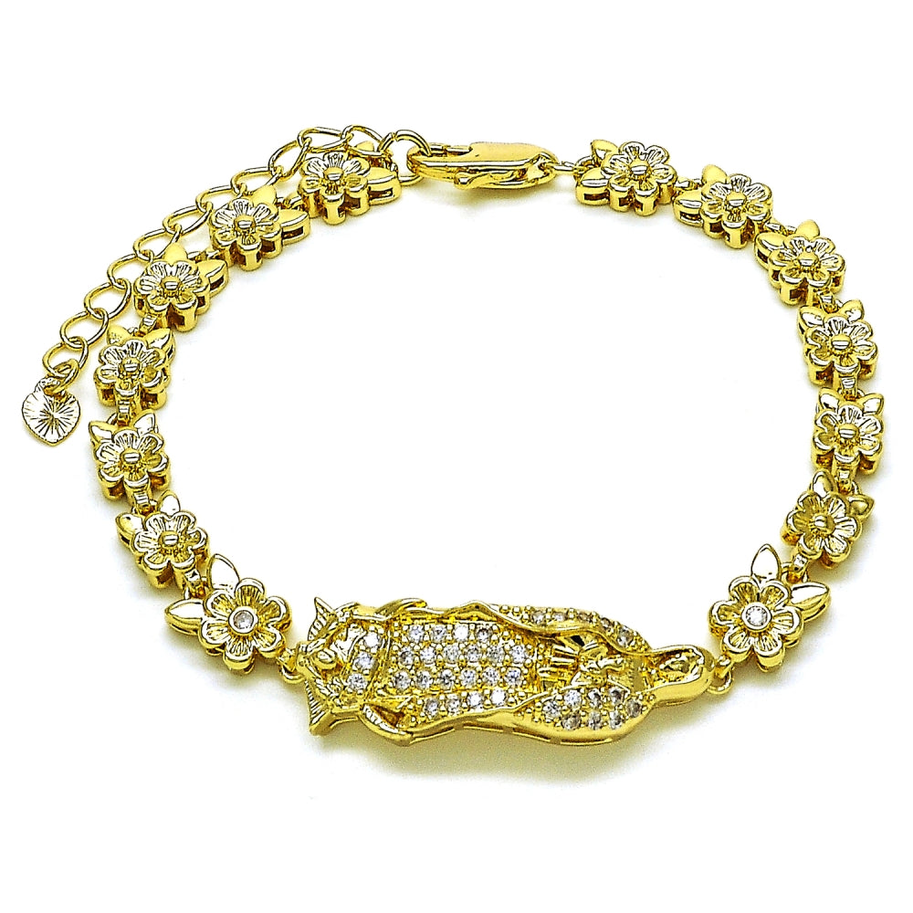Oro Laminado Solid Bracelet, Gold Filled Style Guadalupe and Flower Design, with White Cubic Zirconia, Polished, Golden Finish