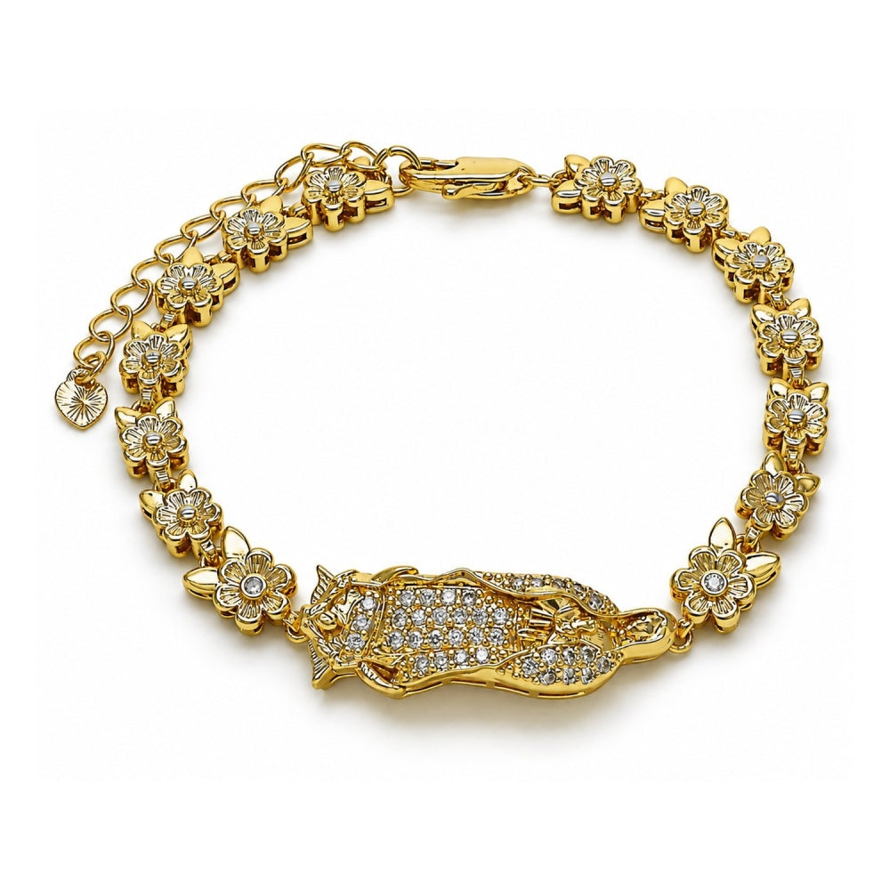 Oro Laminado Solid Bracelet, Gold Filled Style Guadalupe and Flower Design, with White Cubic Zirconia, Polished, Golden Finish