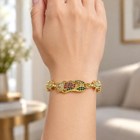 Oro Laminado Solid Bracelet, Gold Filled Style Guadalupe and Flower Design, with Multicolor Cubic Zirconia, Polished, Golden Finish