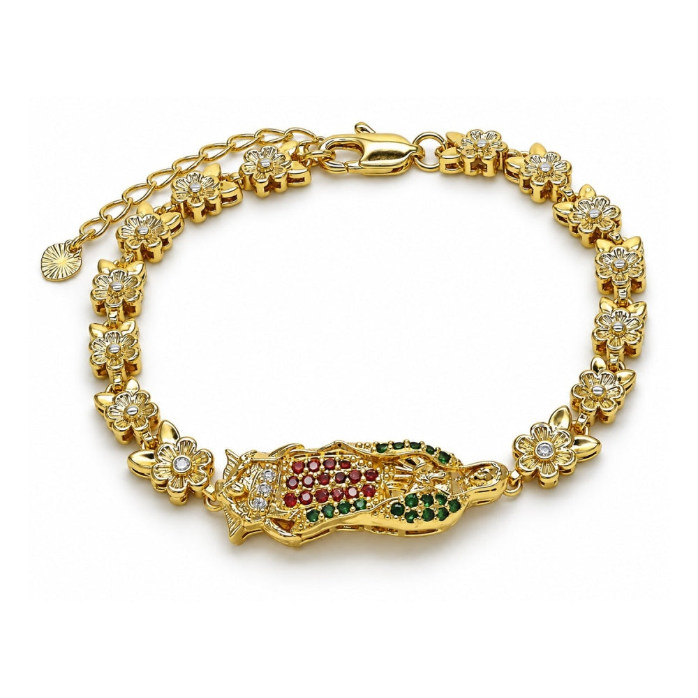 Oro Laminado Solid Bracelet, Gold Filled Style Guadalupe and Flower Design, with Multicolor Cubic Zirconia, Polished, Golden Finish