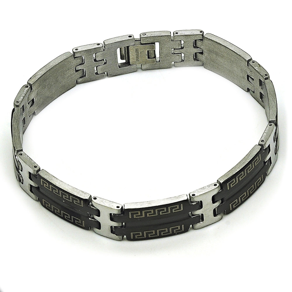 Stainless Steel Solid Bracelet, Greek Key Design, Polished, Two Tone