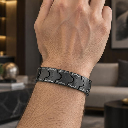 Stainless Steel Solid Bracelet, Greek Key Design, Polished, Black Rhodium Finish