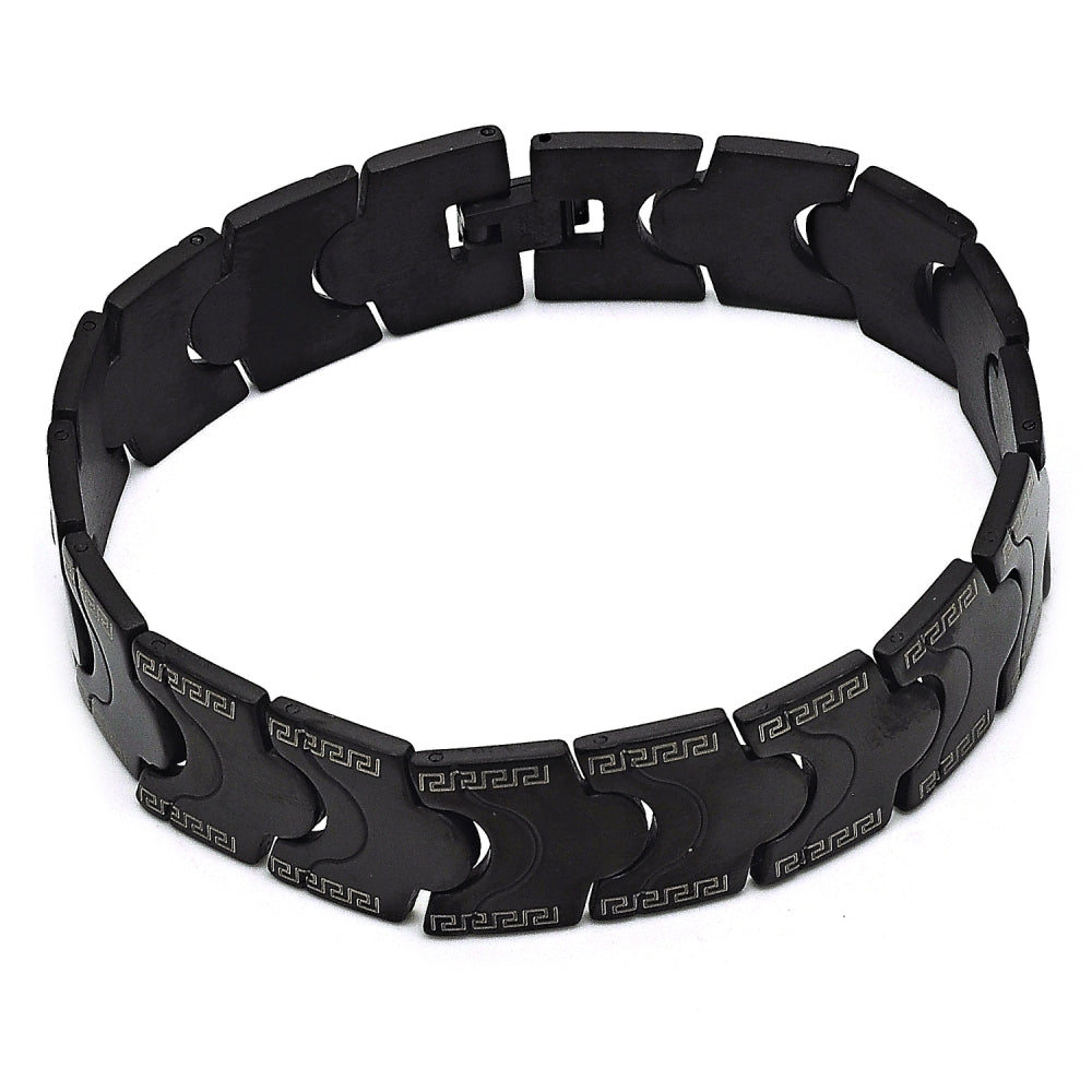 Stainless Steel Solid Bracelet, Greek Key Design, Polished, Black Rhodium Finish