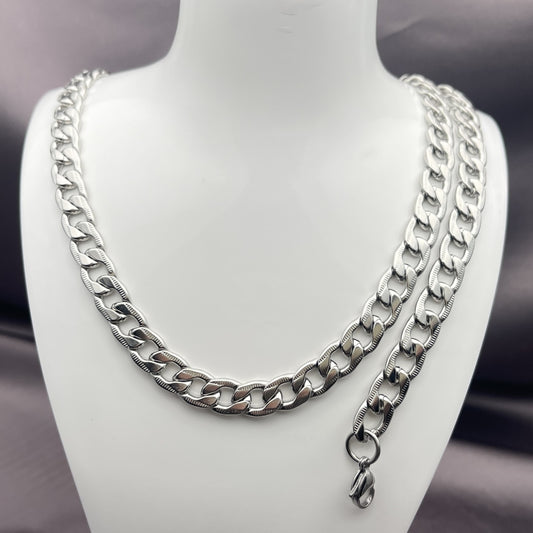 Stainless Steel Necklace and Bracelet, Pave Cuban Design, Diamond Cutting Finish, Steel Finish