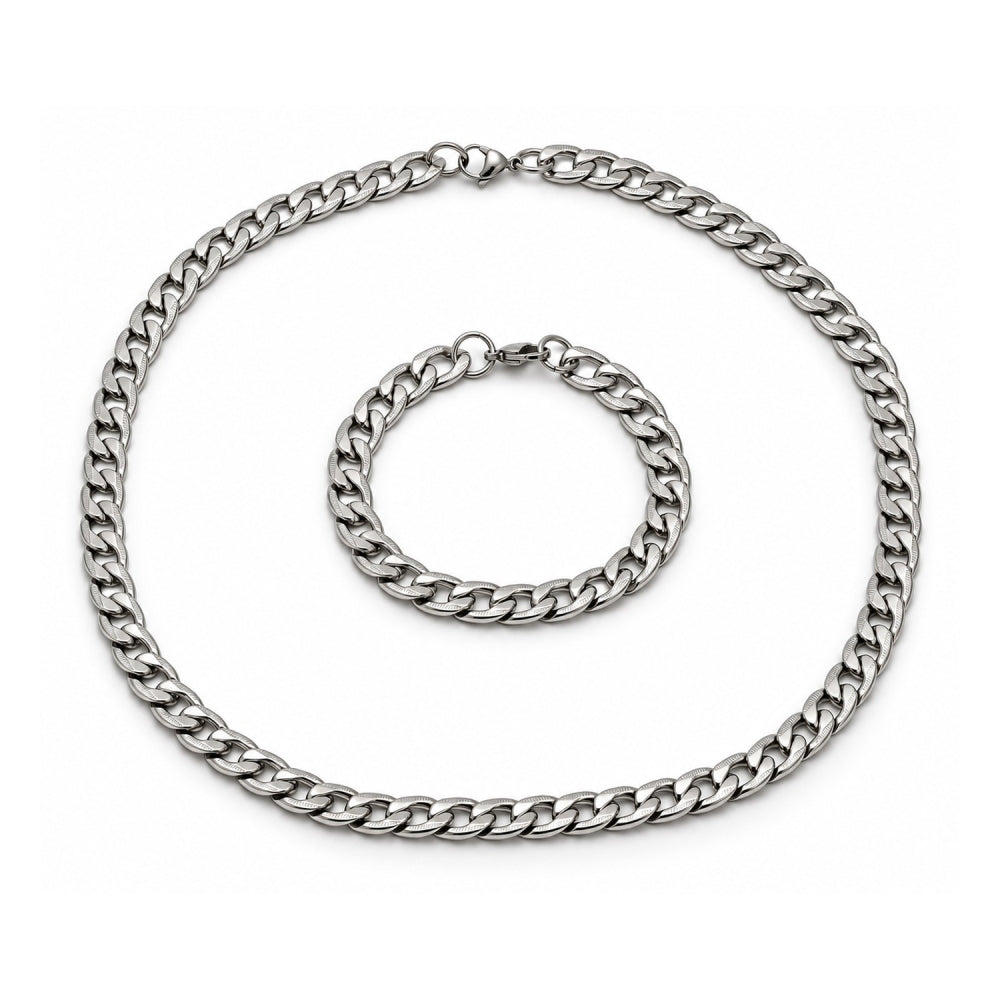 Stainless Steel Necklace and Bracelet, Pave Cuban Design, Diamond Cutting Finish, Steel Finish