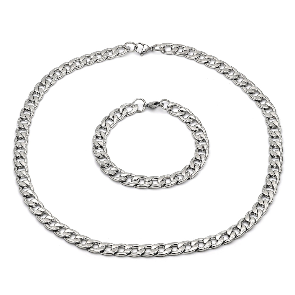 Stainless Steel Necklace and Bracelet, Pave Cuban Design, Diamond Cutting Finish, Steel Finish