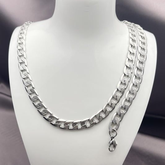 Stainless Steel Necklace and Bracelet, Pave Cuban Design, Diamond Cutting Finish, Steel Finish