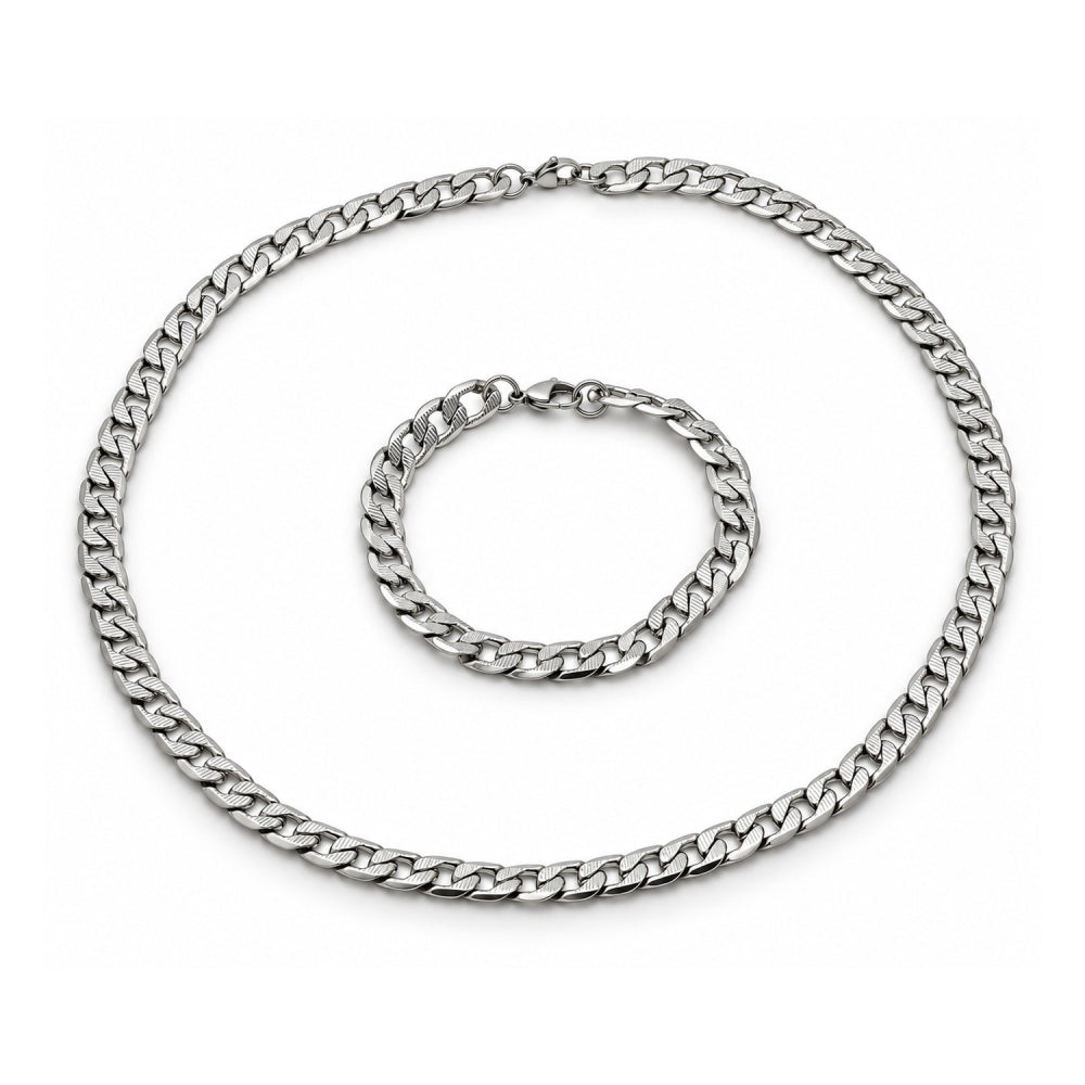 Stainless Steel Necklace and Bracelet, Pave Cuban Design, Diamond Cutting Finish, Steel Finish