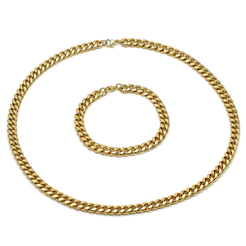 Stainless Steel Necklace and Bracelet, Miami Cuban Design, Polished, Golden Finish