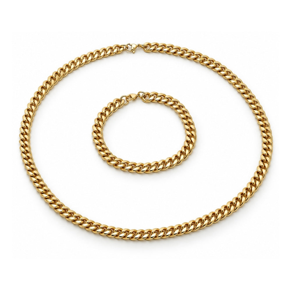 Stainless Steel Necklace and Bracelet, Miami Cuban Design, Polished, Golden Finish