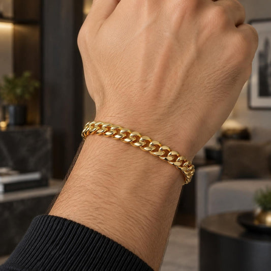 Stainless Steel Basic Bracelet, Miami Cuban Design, Polished, Golden Finish