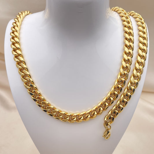 Stainless Steel Necklace and Bracelet, Miami Cuban Design, Polished, Golden Finish