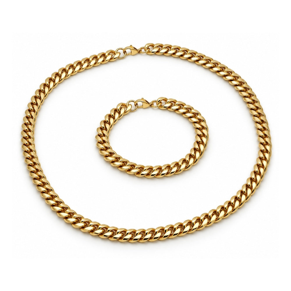 Stainless Steel Necklace and Bracelet, Miami Cuban Design, Polished, Golden Finish