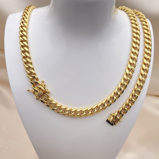 Stainless Steel Necklace and Bracelet, Miami Cuban Design, Polished, Golden Finish