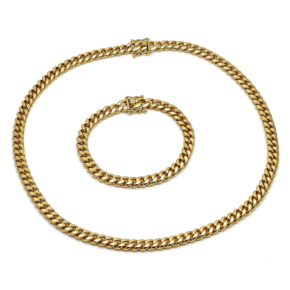 Stainless Steel Necklace and Bracelet, Miami Cuban Design, Polished, Golden Finish