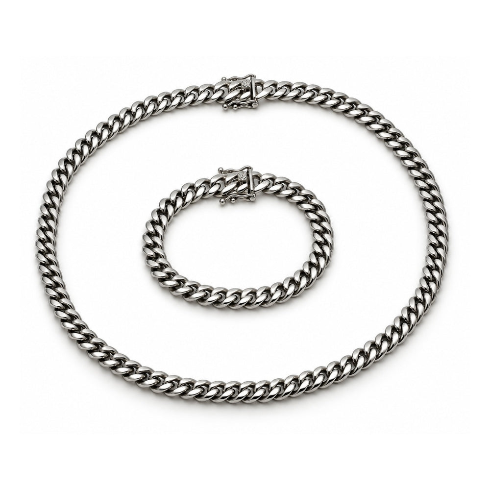 Stainless Steel Necklace and Bracelet, Miami Cuban and Box Lock Design, Polished, Steel Finish