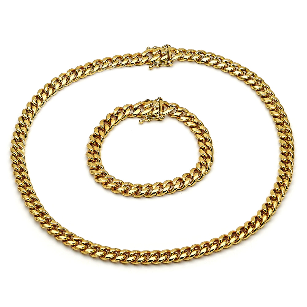 Stainless Steel Necklace and Bracelet, Miami Cuban Design, Polished, Golden Finish