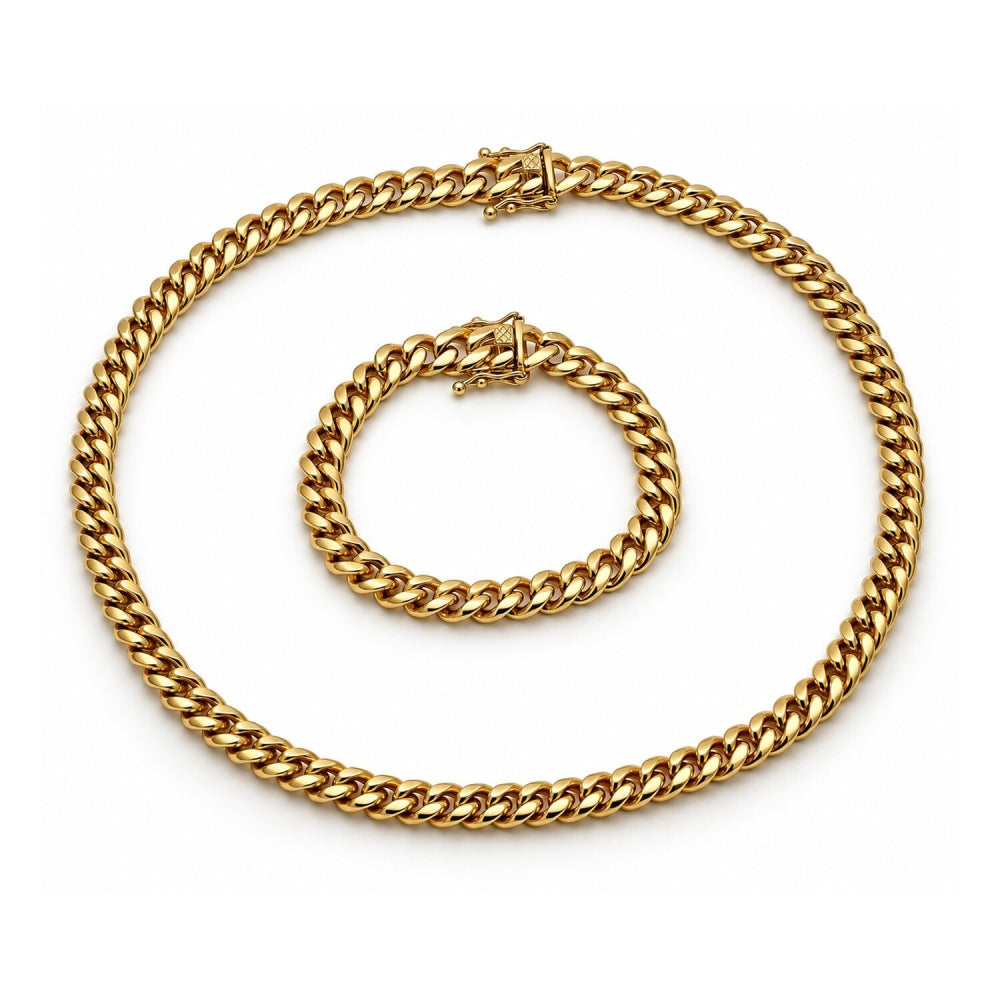 Stainless Steel Necklace and Bracelet, Miami Cuban and Box Lock Design, Polished, Golden Finish