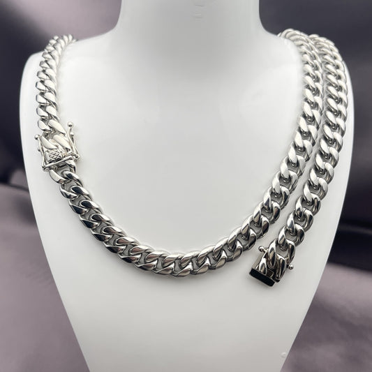 Stainless Steel Necklace and Bracelet, Miami Cuban Design, Polished, Steel Finish