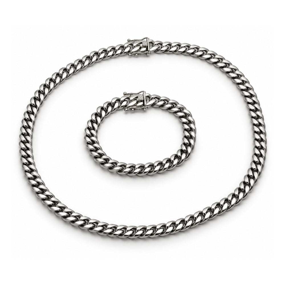 Stainless Steel Necklace and Bracelet, Miami Cuban and Box Lock Design, Polished, Steel Finish
