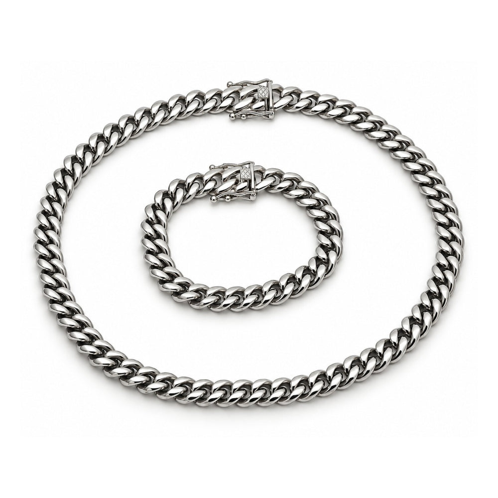Stainless Steel Necklace and Bracelet, Miami Cuban and Box Lock Design, Polished, Steel Finish