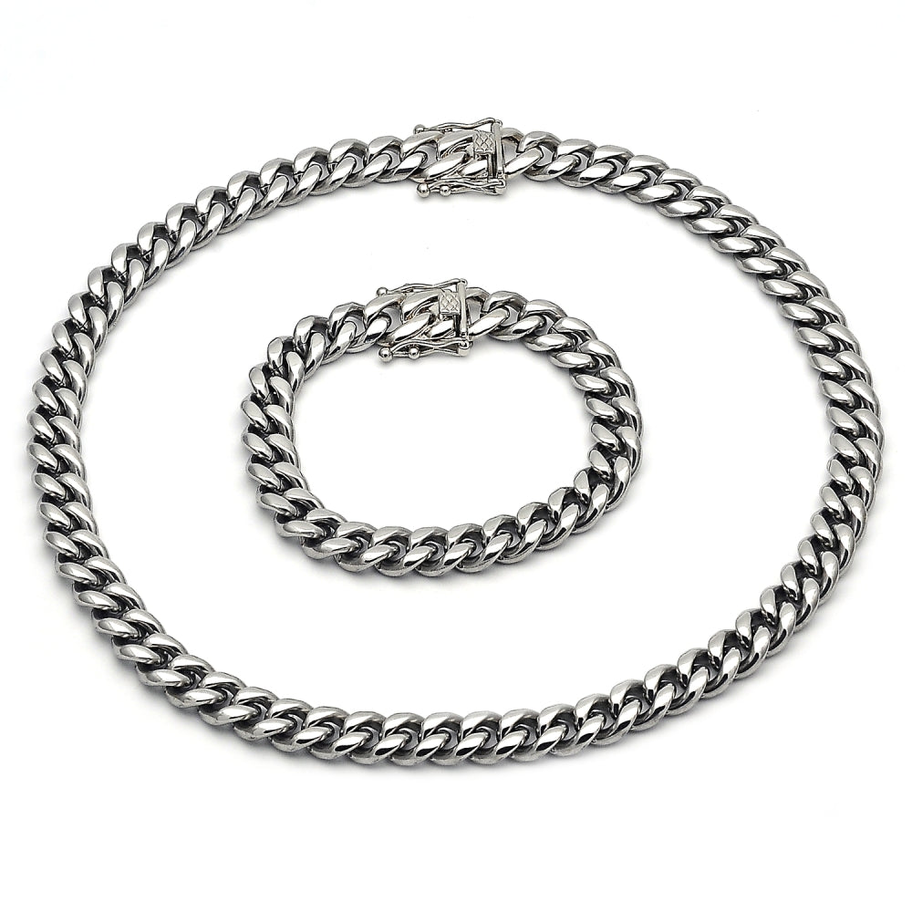 Stainless Steel Necklace and Bracelet, Miami Cuban Design, Polished, Steel Finish