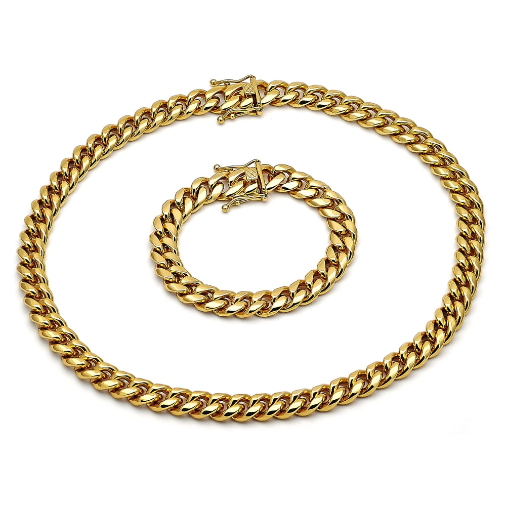 Stainless Steel Necklace and Bracelet, Miami Cuban Design, Polished, Golden Finish