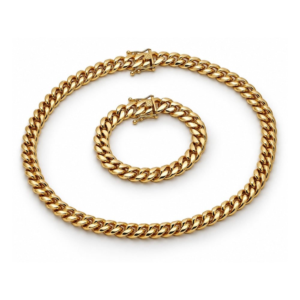 Stainless Steel Necklace and Bracelet, Miami Cuban and Box Lock Design, Polished, Golden Finish