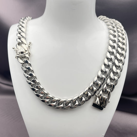 Stainless Steel Necklace and Bracelet, Miami Cuban Design, Polished, Steel Finish