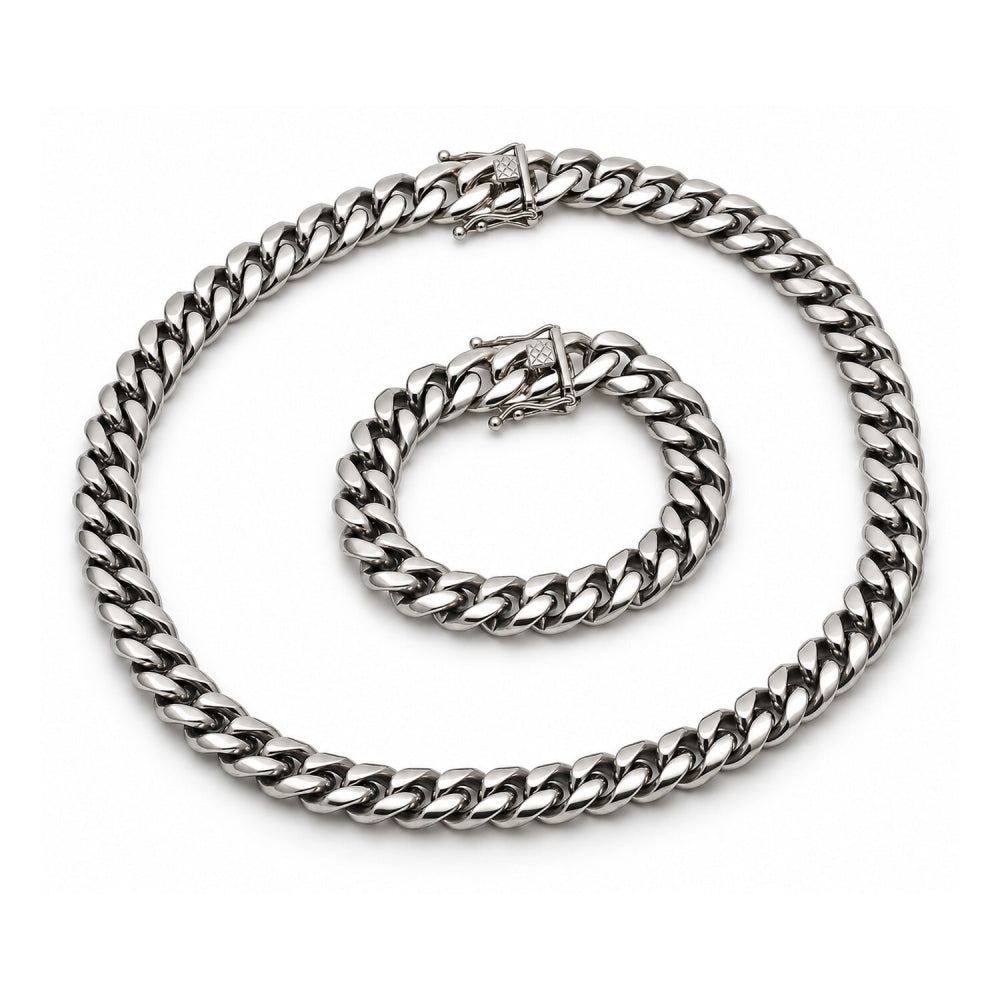 Stainless Steel Necklace and Bracelet, Miami Cuban and Box Lock Design, Polished, Steel Finish