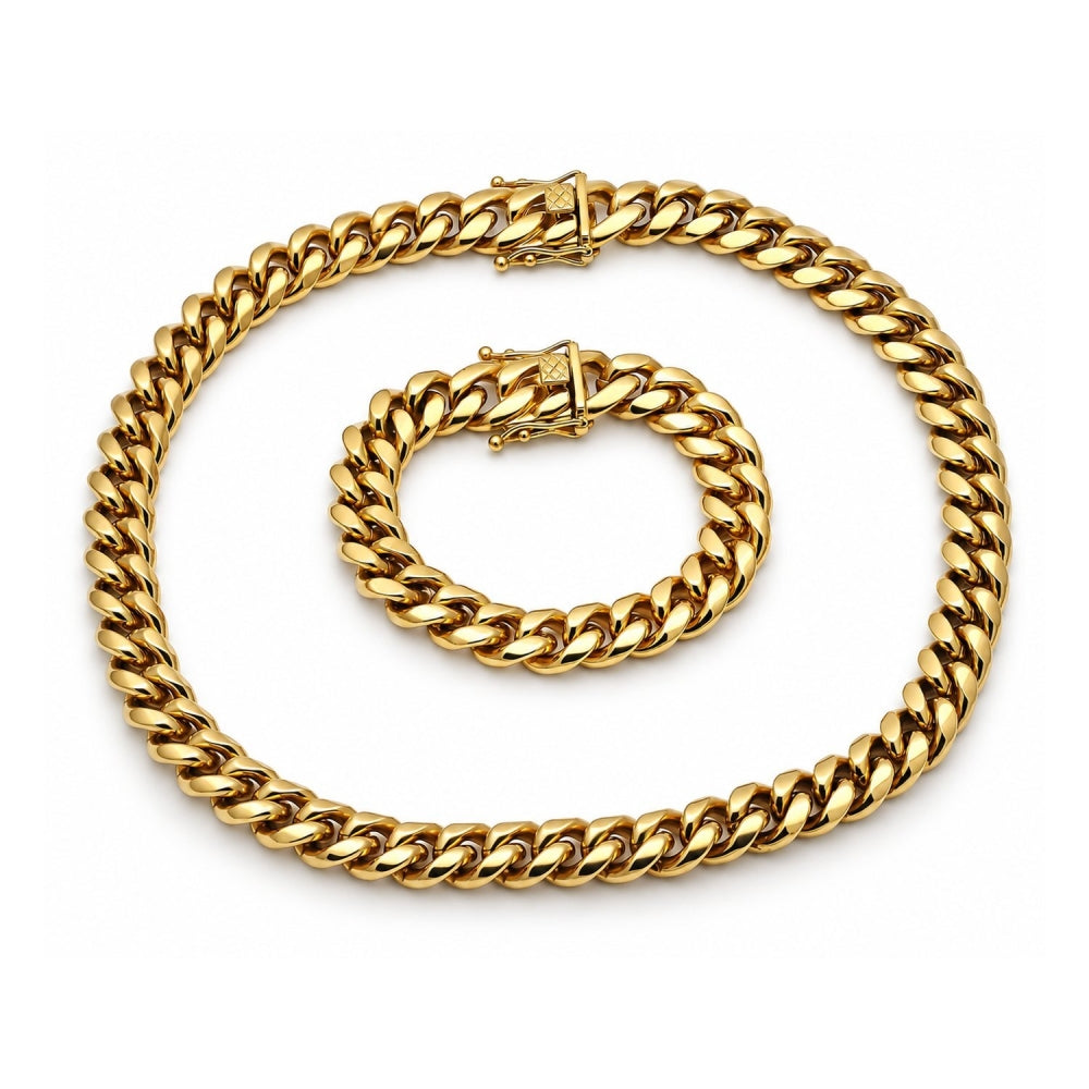 Stainless Steel Necklace and Bracelet, Miami Cuban and Box Lock Design, Polished, Golden Finish