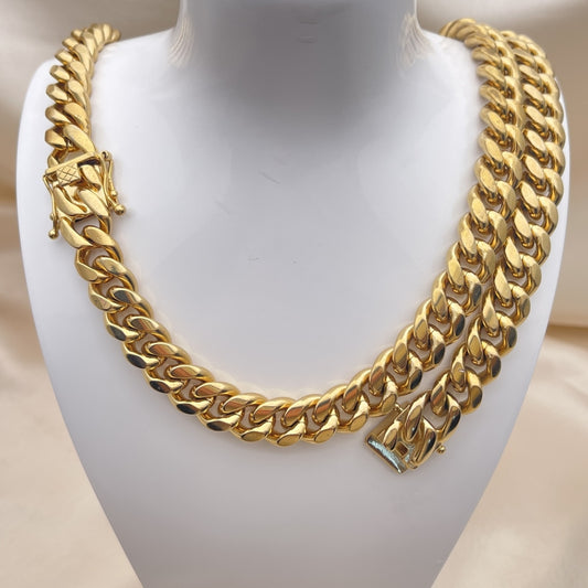 Stainless Steel Necklace and Bracelet, Miami Cuban Design, Polished, Golden Finish