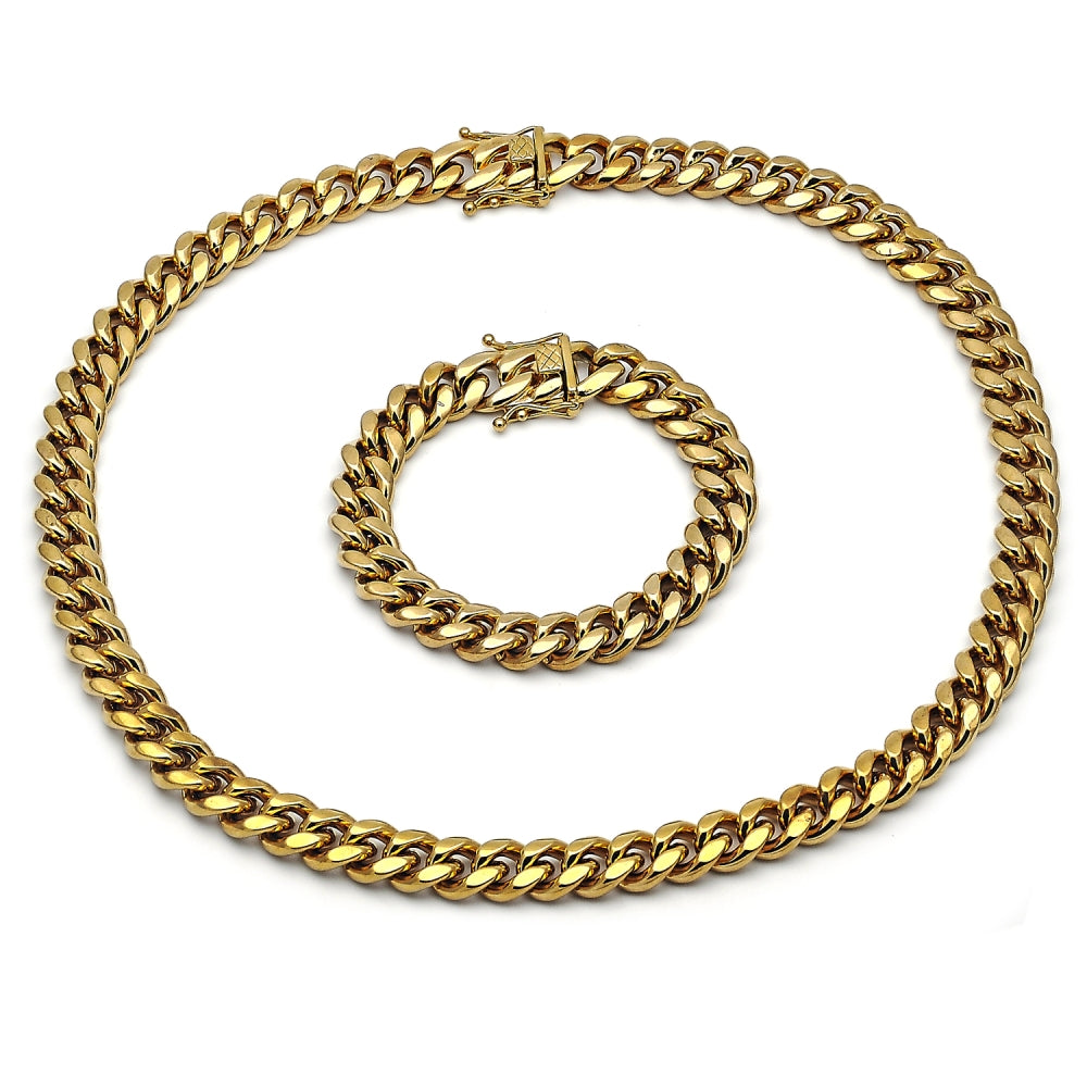 Stainless Steel Necklace and Bracelet, Miami Cuban Design, Polished, Golden Finish