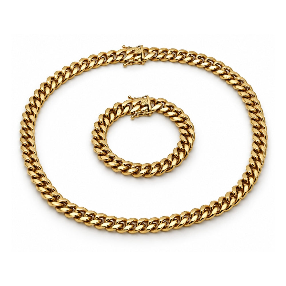 Stainless Steel Necklace and Bracelet, Miami Cuban and Box Lock Design, Polished, Golden Finish