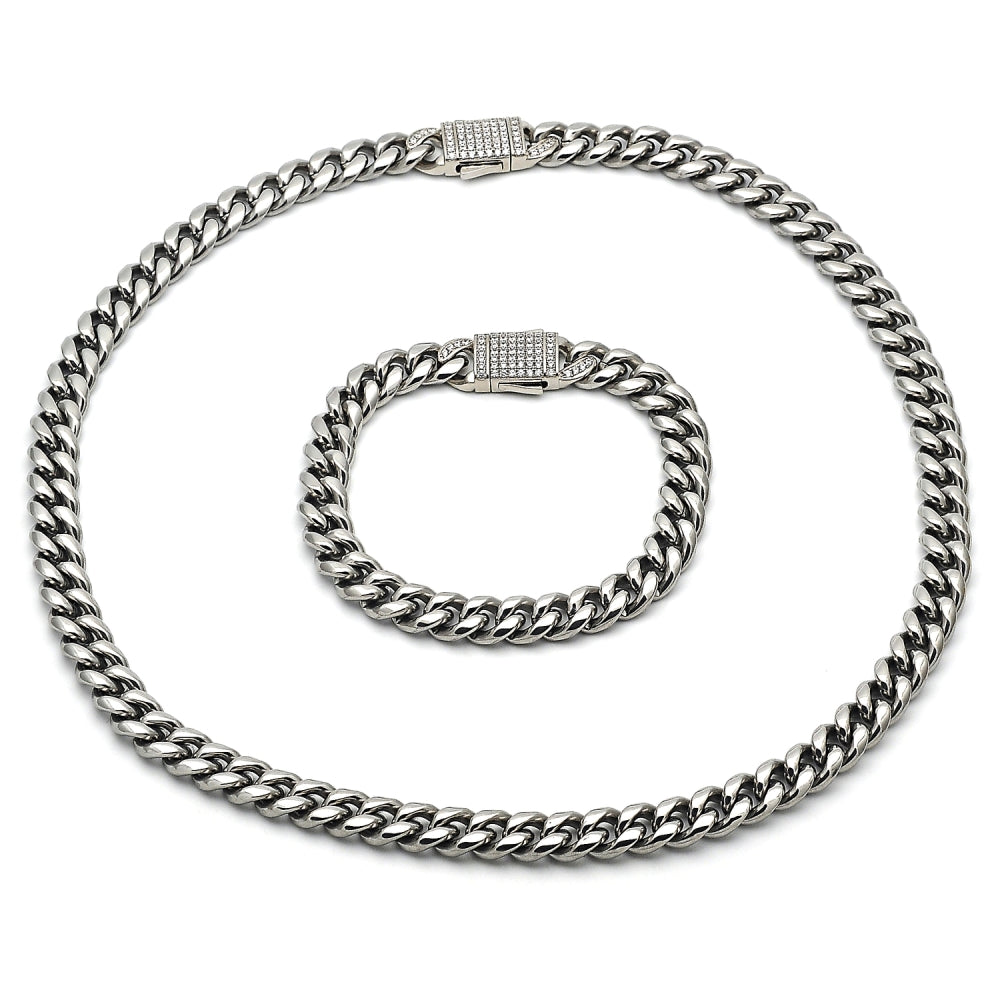 Stainless Steel Necklace and Bracelet, Miami Cuban Design, with White Crystal, Polished, Steel Finish