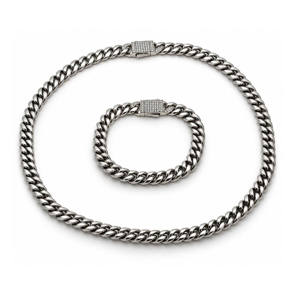 Stainless Steel Necklace and Bracelet, Miami Cuban and Box Lock Design, with White Crystal, Polished, Steel Finish
