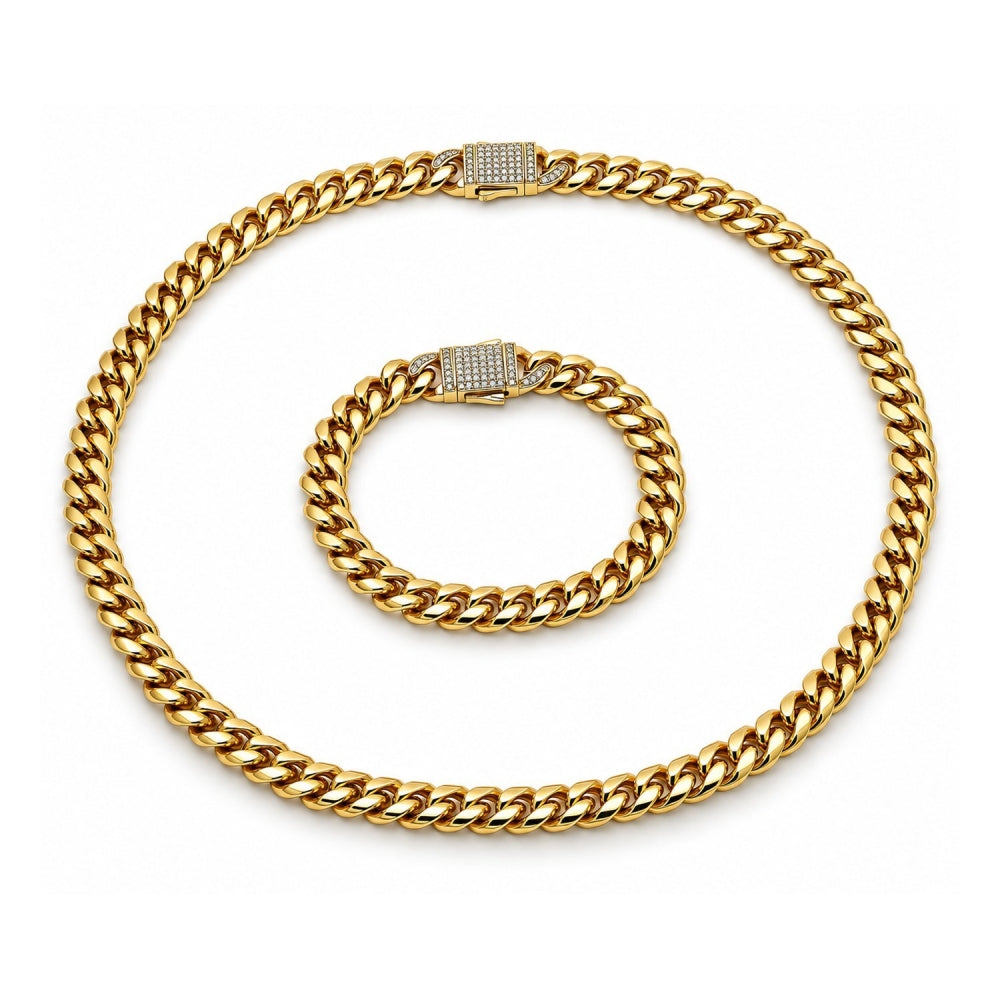 Stainless Steel Necklace and Bracelet, Miami Cuban and Box Lock Design, with White Crystal, Polished, Golden Finish