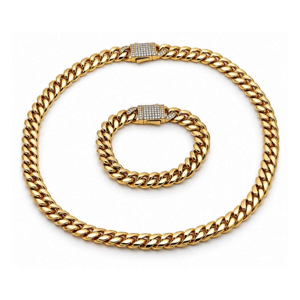 Stainless Steel Necklace and Bracelet, Miami Cuban and Box Lock Design, with White Crystal, Polished, Golden Finish