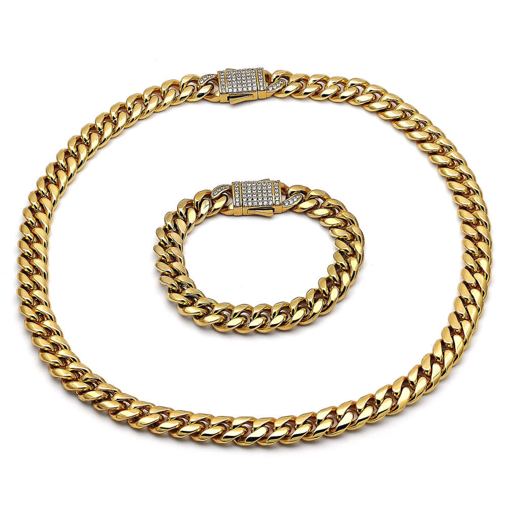 Stainless Steel Necklace and Bracelet, Miami Cuban Design, with White Crystal, Polished, Golden Finish