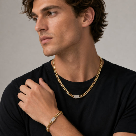 Stainless Steel Necklace and Bracelet, Miami Cuban Design, with White Crystal, Polished, Golden Finish