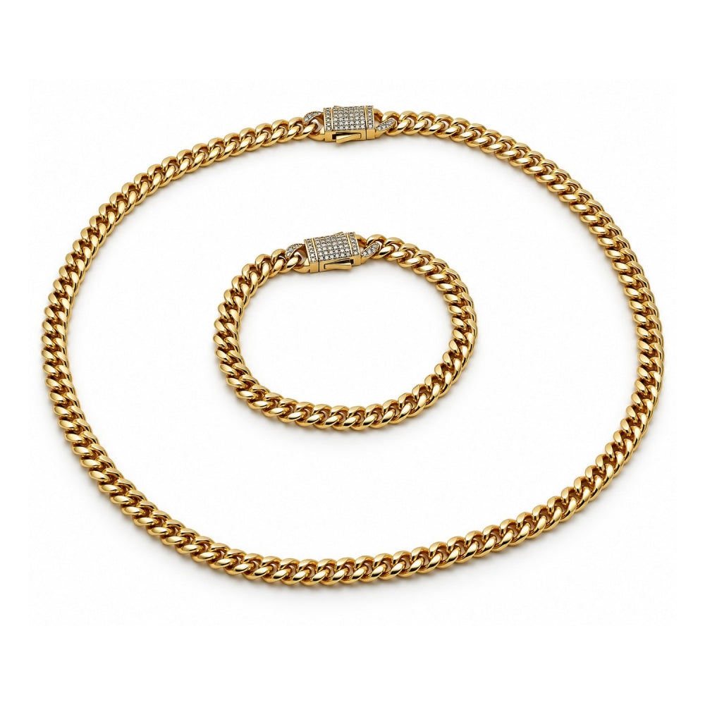 Stainless Steel Necklace and Bracelet, Miami Cuban and Box Lock Design, with White Crystal, Polished, Golden Finish