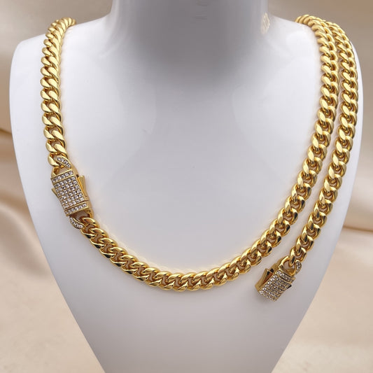 Stainless Steel Necklace and Bracelet, Miami Cuban Design, with White Crystal, Polished, Golden Finish
