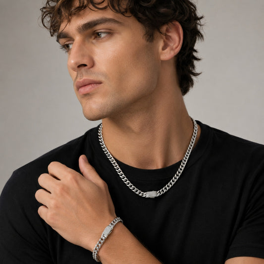 Stainless Steel Necklace and Bracelet, Miami Cuban and Box Lock Design, with White Crystal, Polished, Steel Finish
