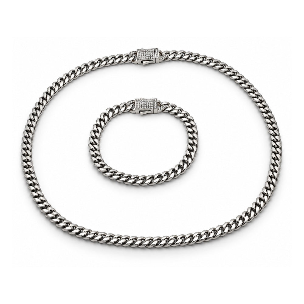 Stainless Steel Necklace and Bracelet, Miami Cuban and Box Lock Design, with White Crystal, Polished, Steel Finish