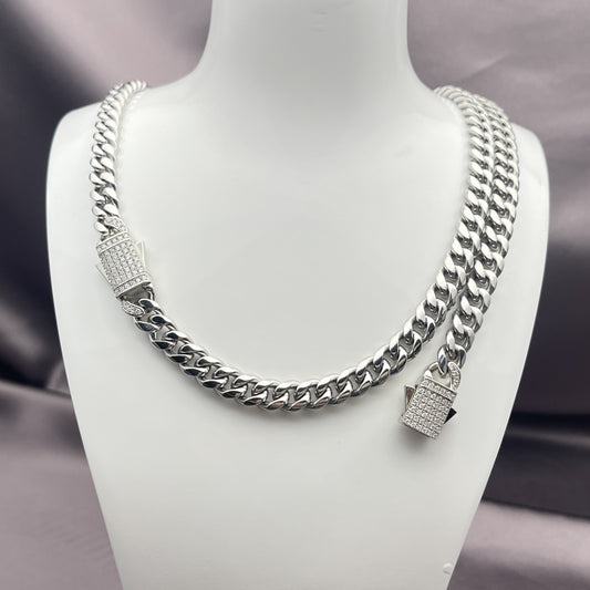 Stainless Steel Necklace and Bracelet, Miami Cuban and Box Lock Design, with White Crystal, Polished, Steel Finish