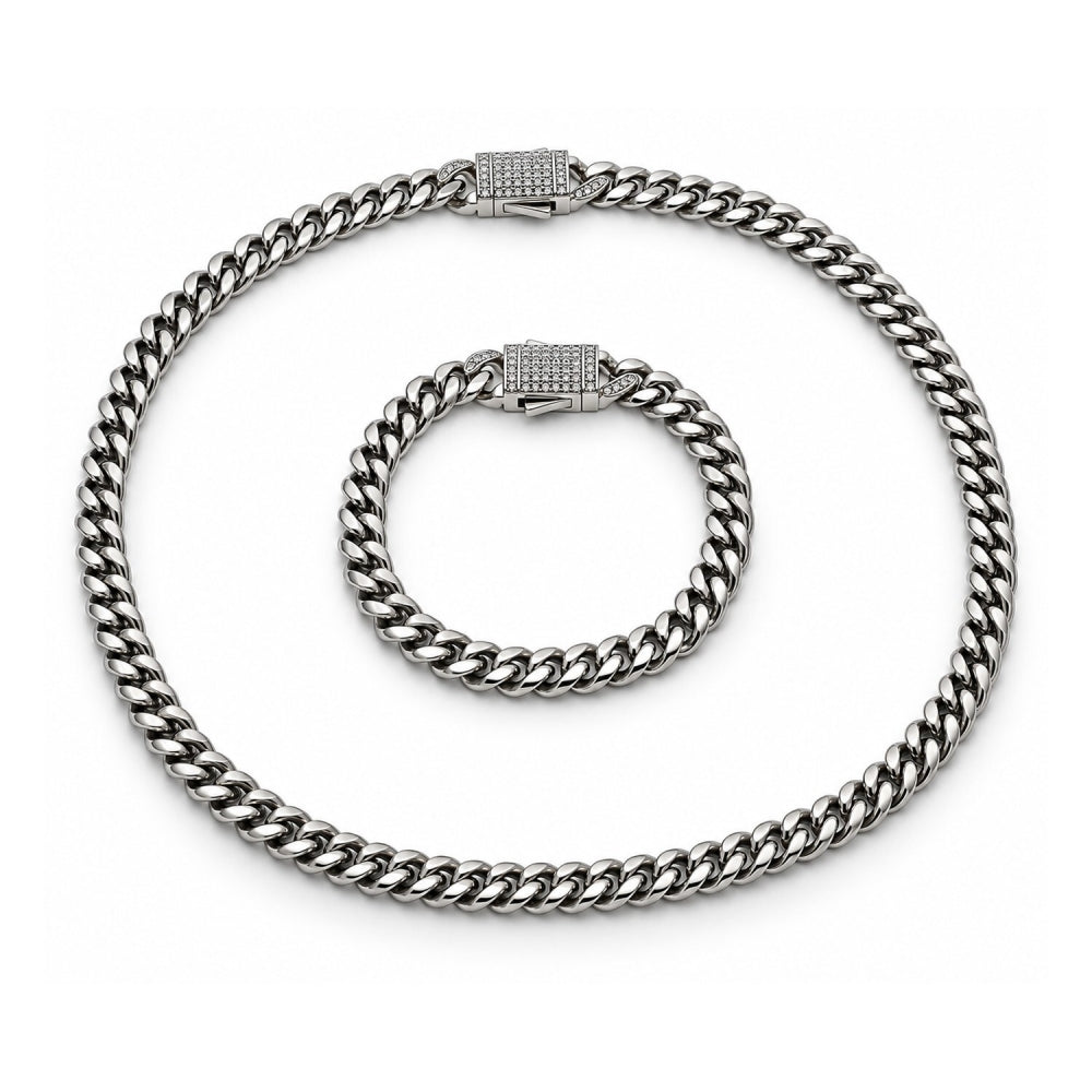 Stainless Steel Necklace and Bracelet, Miami Cuban and Box Lock Design, with White Crystal, Polished, Steel Finish