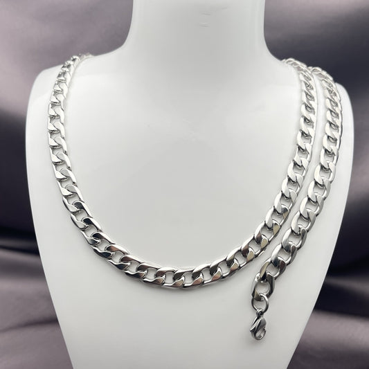 Stainless Steel Necklace and Bracelet, Curb Design, Polished, Steel Finish